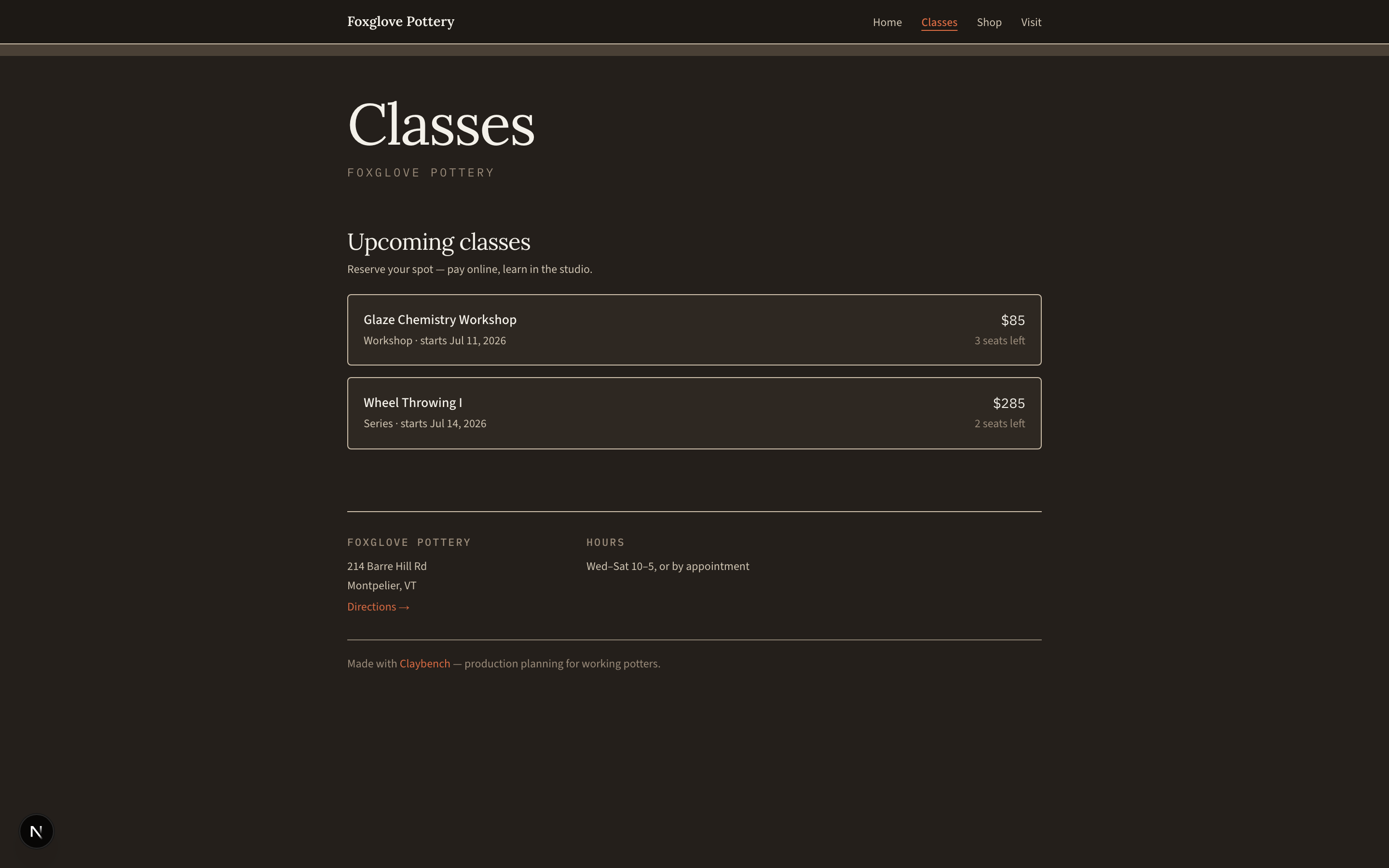 The same site's Classes page — students book and pay online