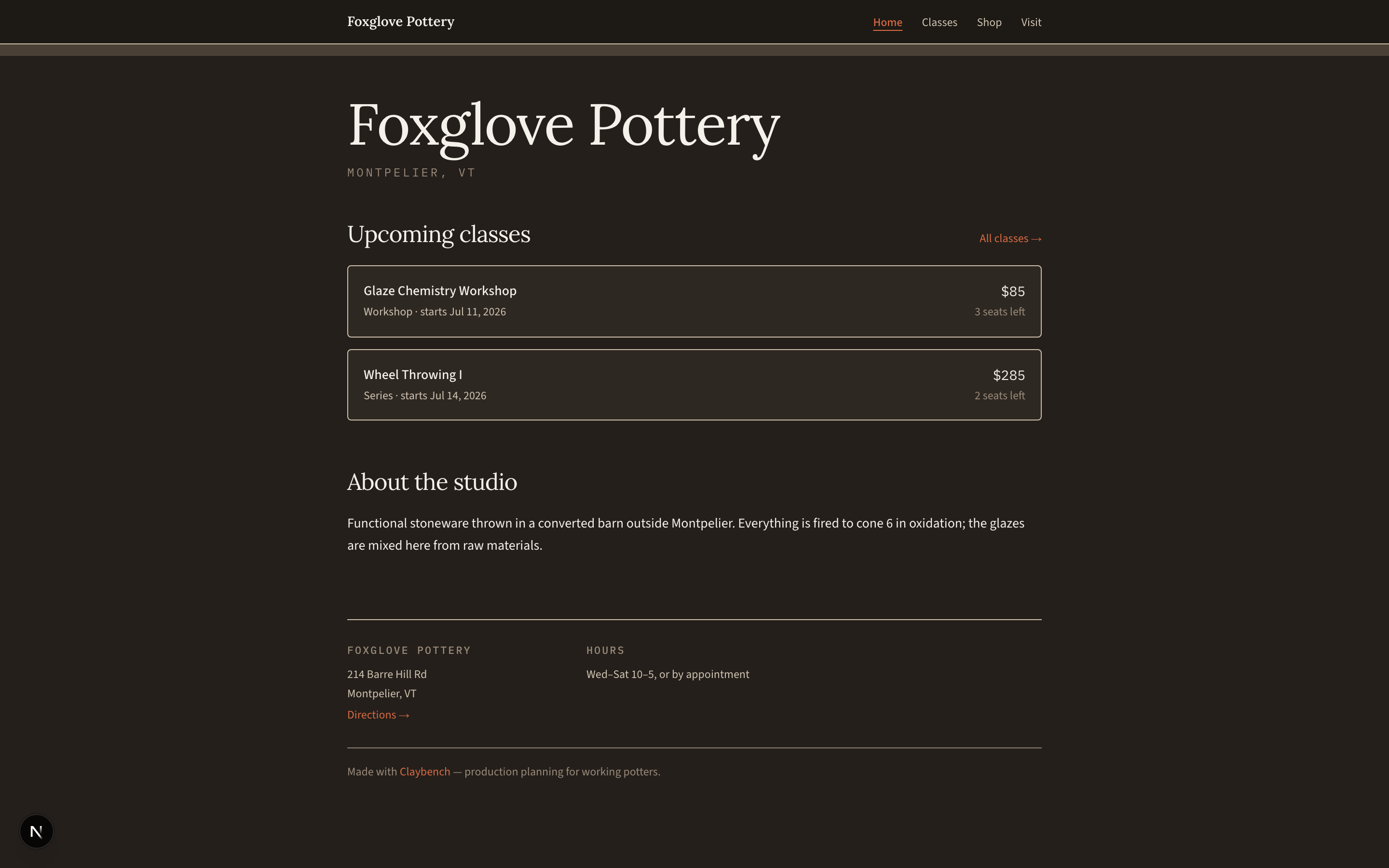 A studio's Claybench website: branded front page with upcoming classes, live seat counts, hours and directions