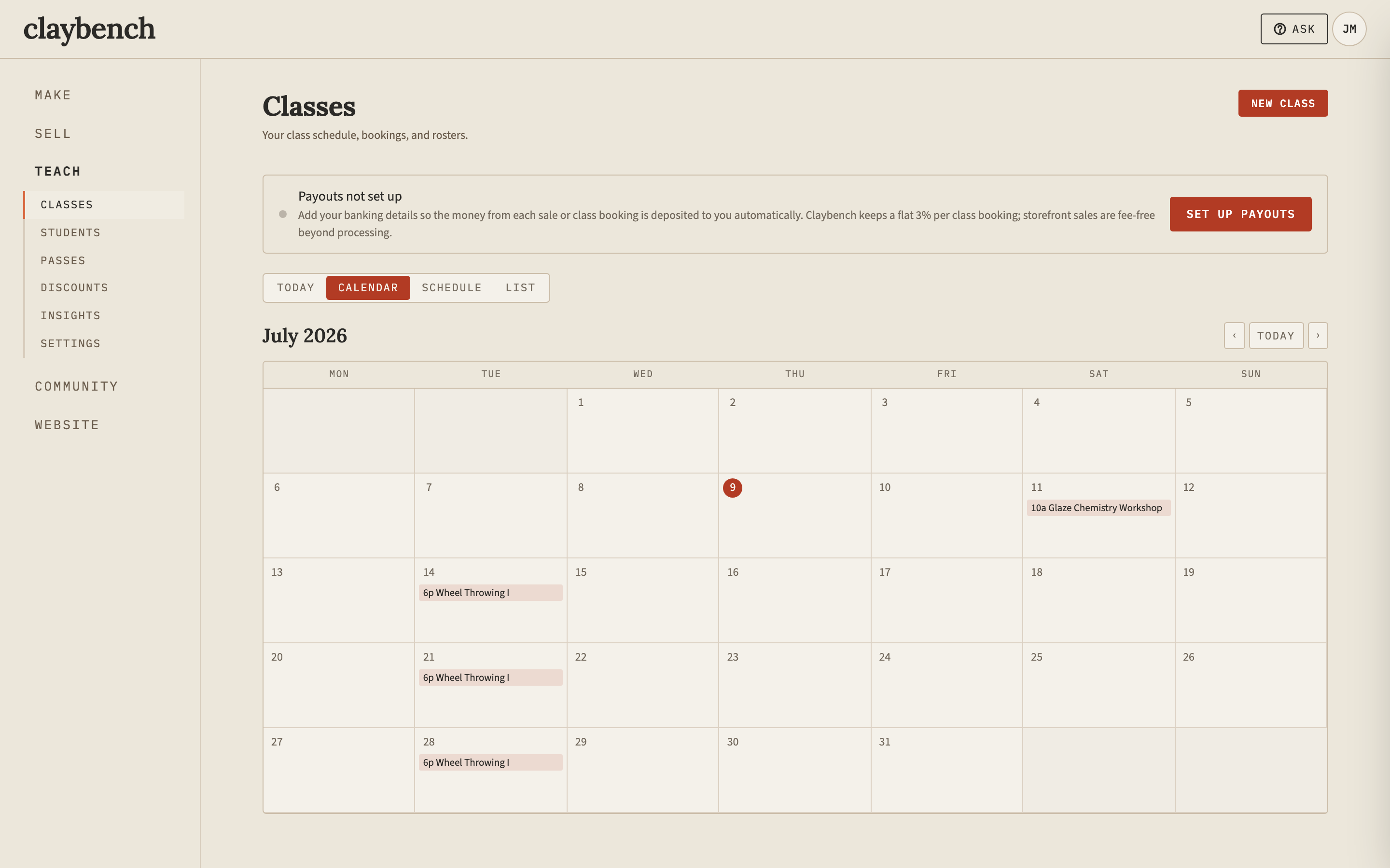 The studio's class schedule — sessions, enrollment and the month at a glance